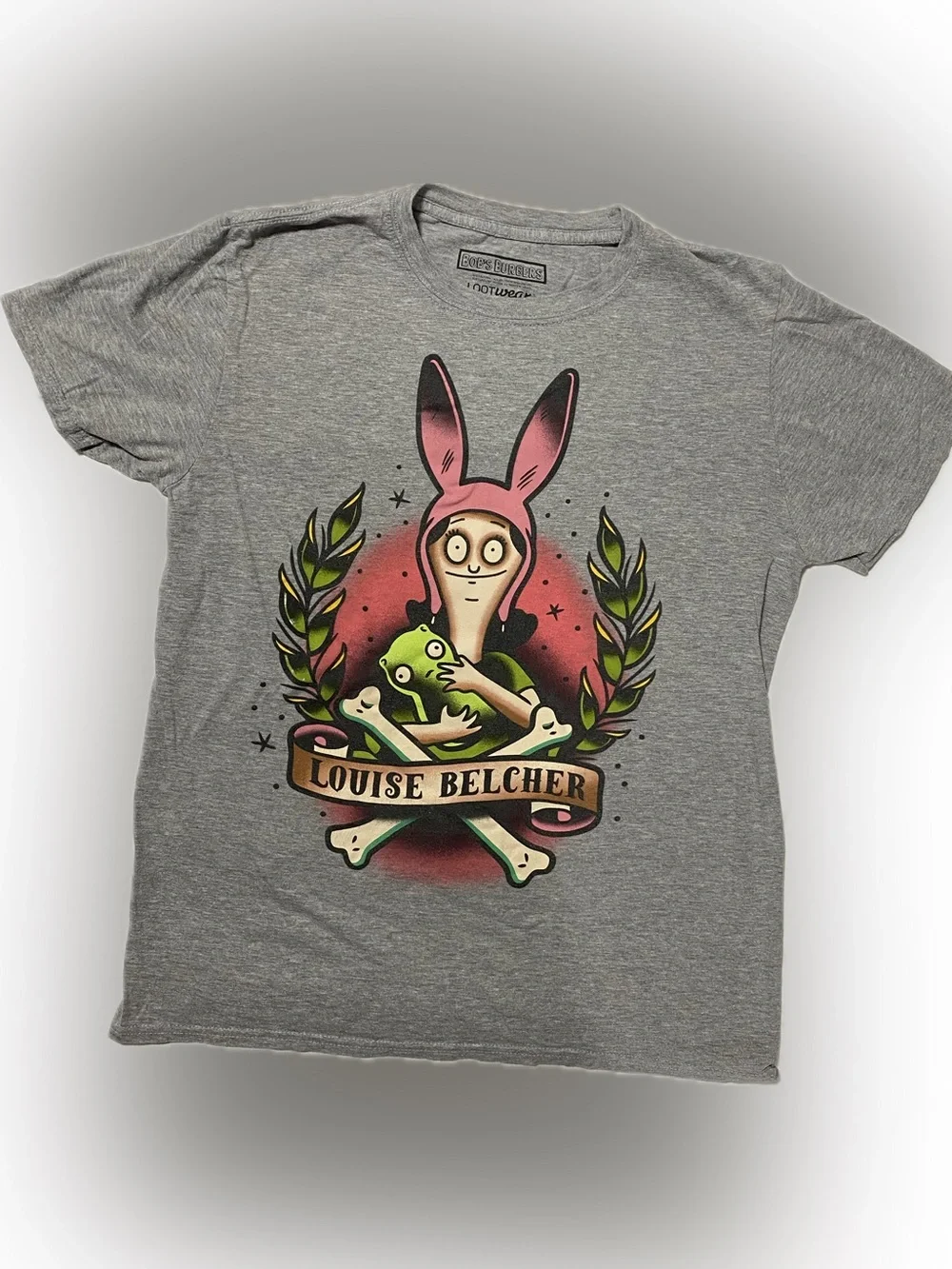 Louise Belcher Graphic Short Sleeve Tee - Gray with Pink and Green Print